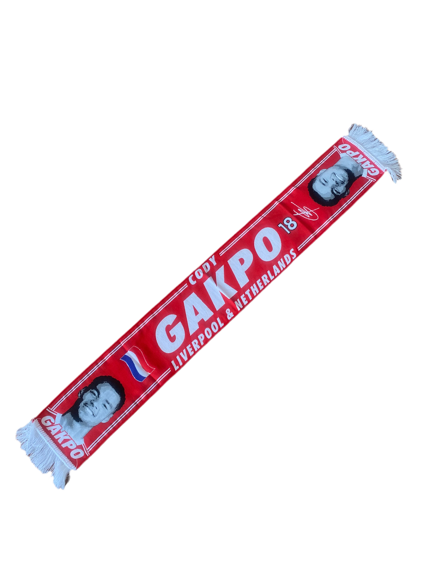 Cody Gakpo Liverpool Scarf – Red & White HD Football Fan Scarf | Netherlands Flag Design | Liverpool FC No.18 Supporters Scarf