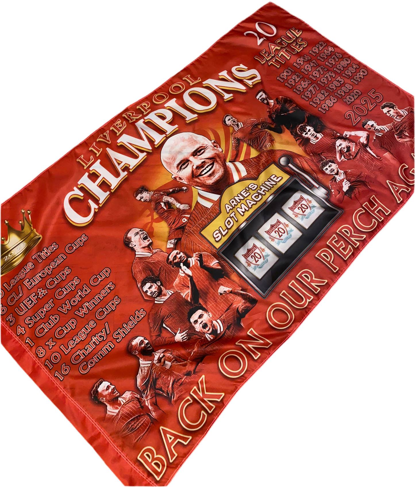 SALE- 24/25-LIVERPOOL FC LEAGUE CHAMPIONS SLOT MACHINE FLAG 6’4 WITH EYELETS