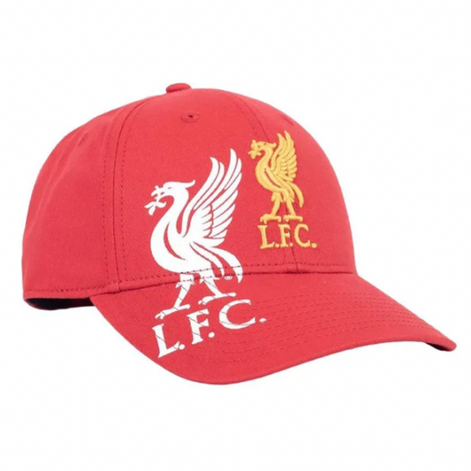 Official Liverpool FC Red Baseball Cap – Dual Crest Design (Gold Embroidery + White Print) – Adjustable Fit – Hat for Adults & Teens