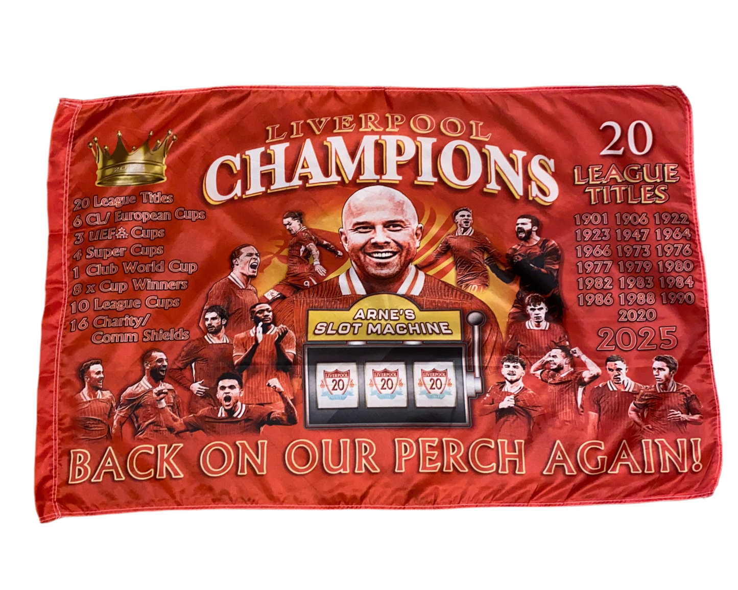 SALE- 24/25-LIVERPOOL FC LEAGUE CHAMPIONS SLOT MACHINE FLAG 6’4 WITH EYELETS