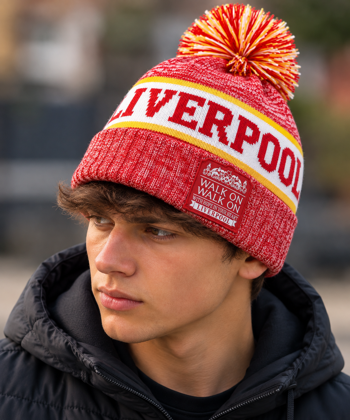 Liverpool-Inspired Red & Yellow “Walk On” Bobble Hat