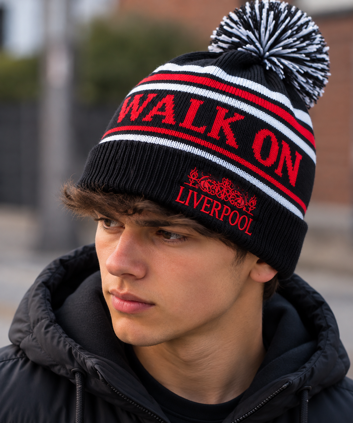 Liverpool-Inspired Black, Red & Grey “Walk On” Bobble Hat