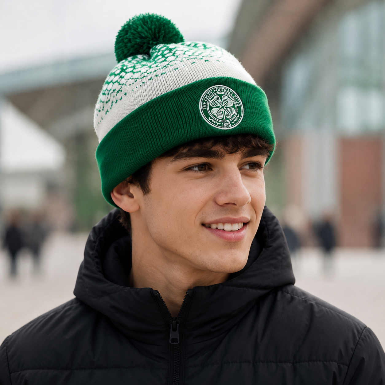 Celtic FC Green & White Fair Isle Bobble Beanie Hat with Crest