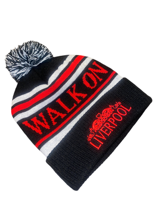 Liverpool FC Bobble Hat – Black, Red & Grey “Walk On” Beanie with Pom | YNWA Winter Hat