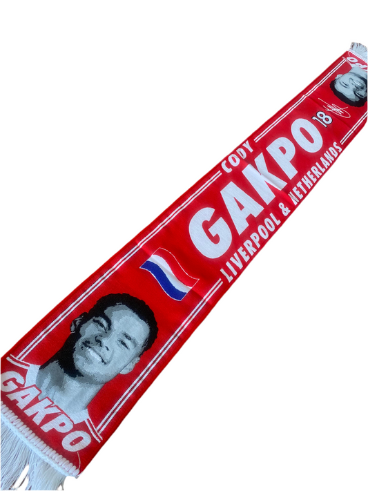 Cody Gakpo Liverpool Scarf – Red & White HD Football Fan Scarf | Netherlands Flag Design | Liverpool FC No.18 Supporters Scarf