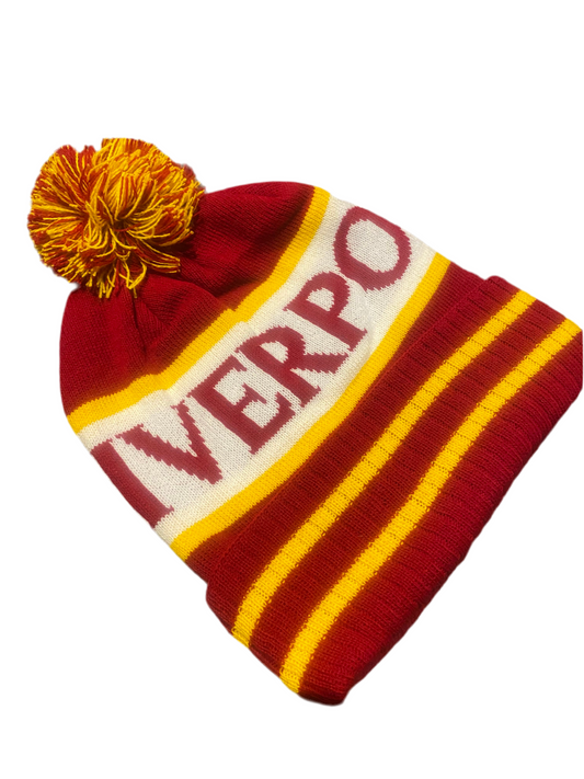 Liverpool FC Bobble Hat – Red, Yellow & White Striped Beanie with Pom | YNWA Supporters Winter Hat