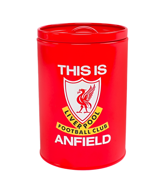 Liverpool FC Storage Canister – Official Red Steel Kitchen Tin with “This Is Anfield” Logo | LFC Tea, Coffee & Biscuit Container