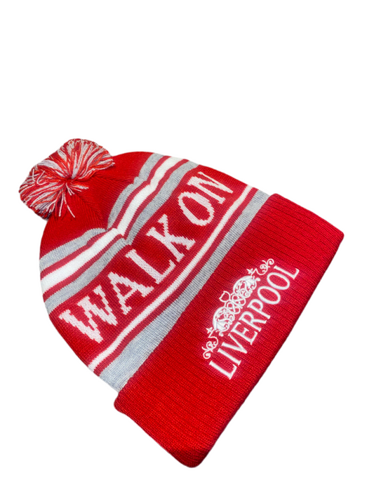 Liverpool FC Bobble Hat – Red, White & Grey “Walk On” Beanie with Pom | YNWA Winter Hat