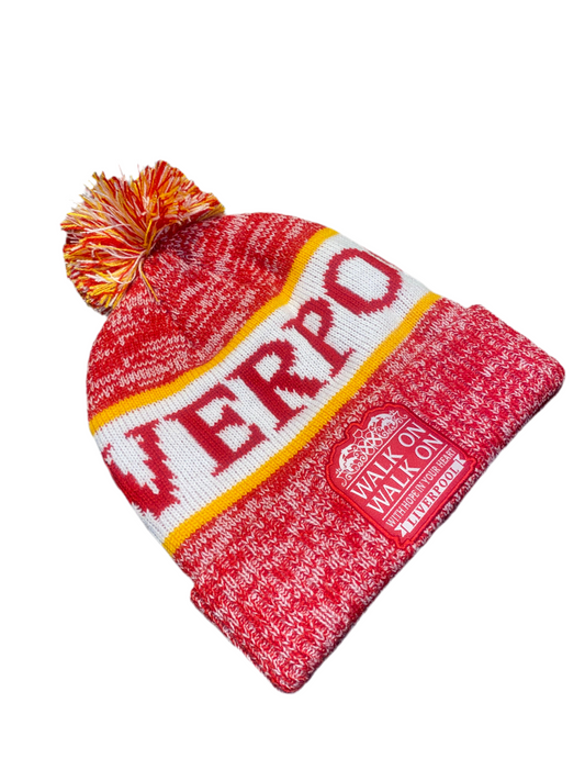 Liverpool FC Bobble Hat – Red & Yellow “Walk On, Walk On” Beanie with Pom | YNWA Supporters Hat