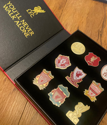 Liverpool FC 9-Piece Crest Badge Set | Official LFC Collectors Gift Box | Historic Club Emblems Collection