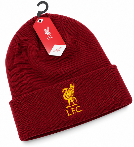 Liverpool FC Burgundy Beanie Hat – Official LFC Knitted Winter Hat with Gold Liverbird Crest | One Size Pull-On hat