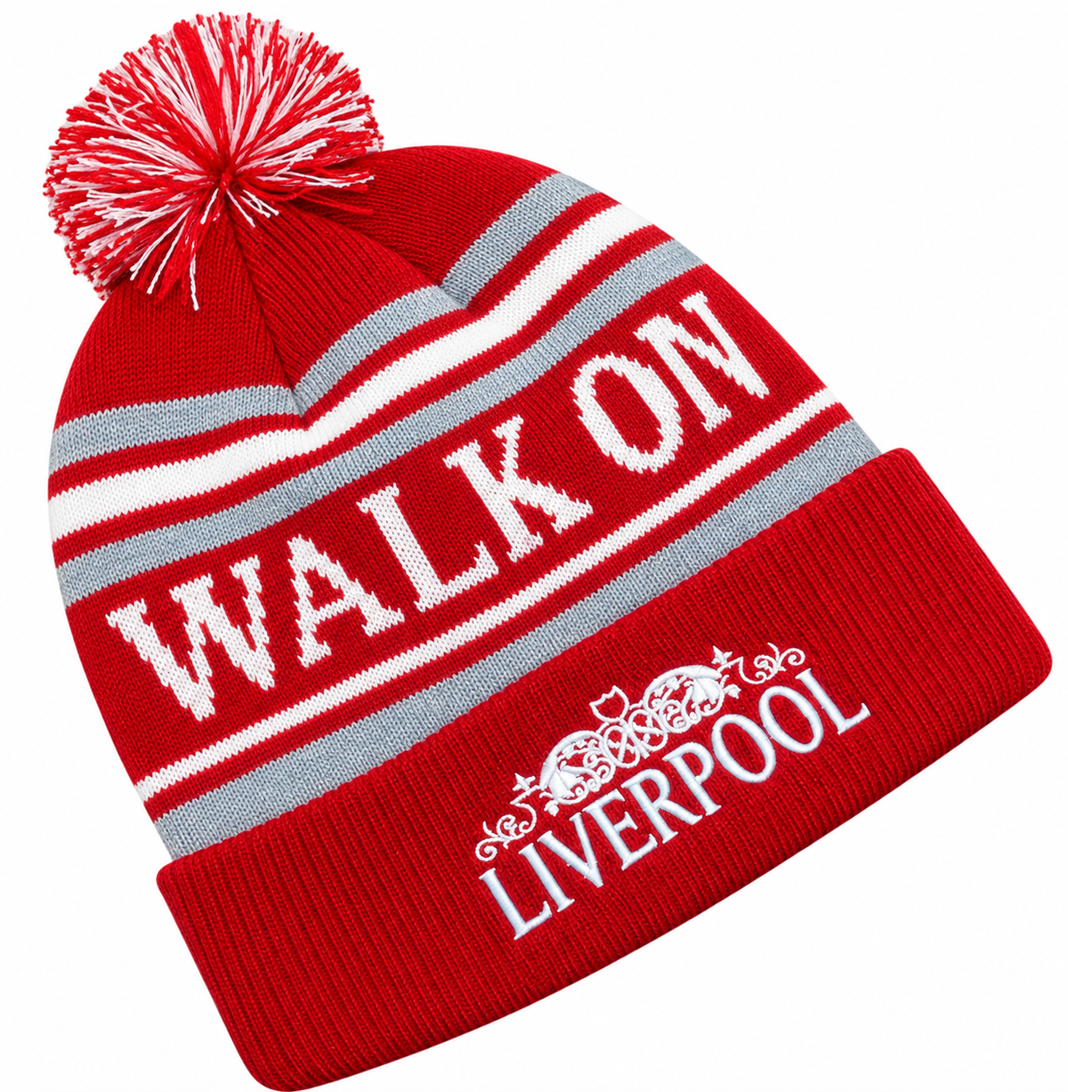 Liverpool-Inspired Red, White & Grey “Walk On” Bobble Hat