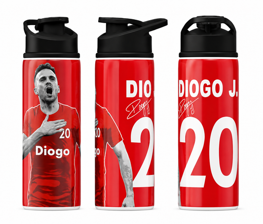 Three views of a red personalized water bottle with a black lid, featuring a printed graphic of Diogo Jota and his number 20.