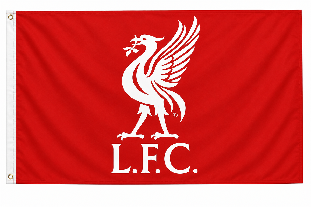 A red Liverpool Football Club flag featuring the white Liverbird crest and the letters 'L.F.