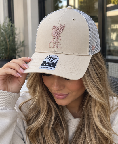 Official Liverpool FC ’47 MVP Trucker Cap – Cream & Pink Adjustable LFC Hat