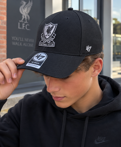 Official Liverpool FC ’47 MVP Black Cap – Retro Crest Adjustable LFC Hat