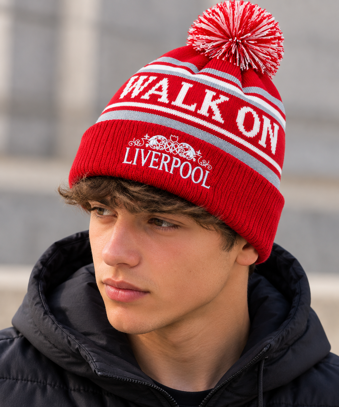 Liverpool-Inspired Red, White & Grey “Walk On” Bobble Hat