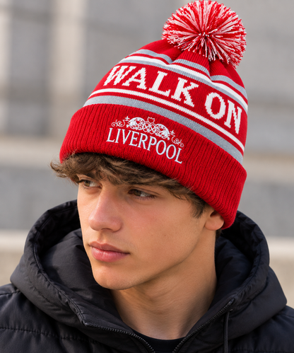 Liverpool-Inspired Red, White & Grey “Walk On” Bobble Hat