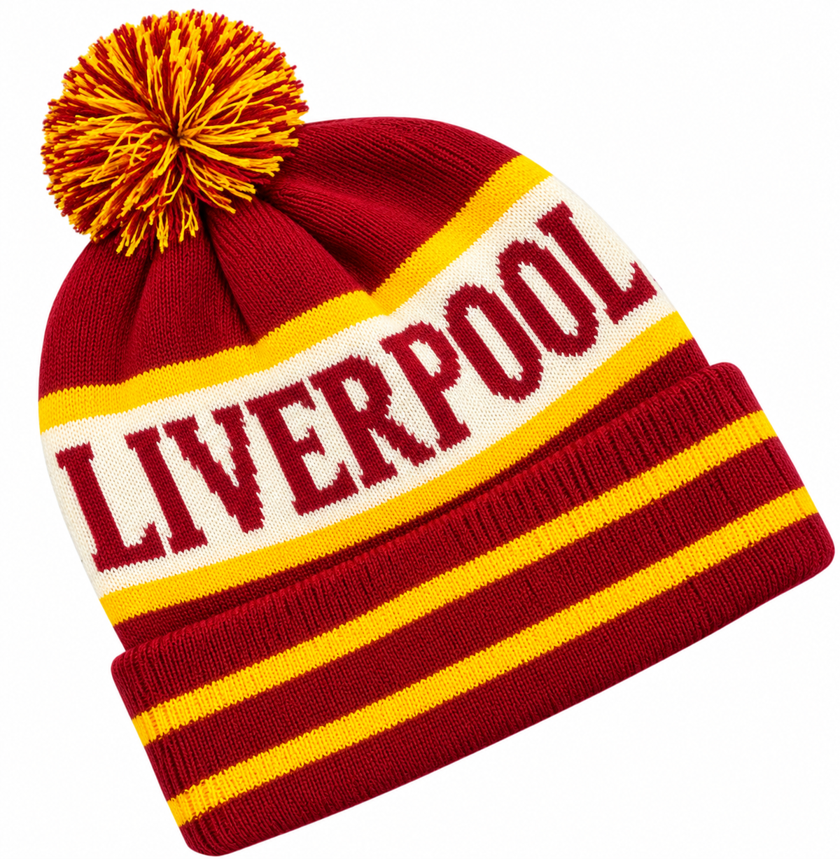 Liverpool-Inspired Red, Yellow & White Striped Bobble Hat