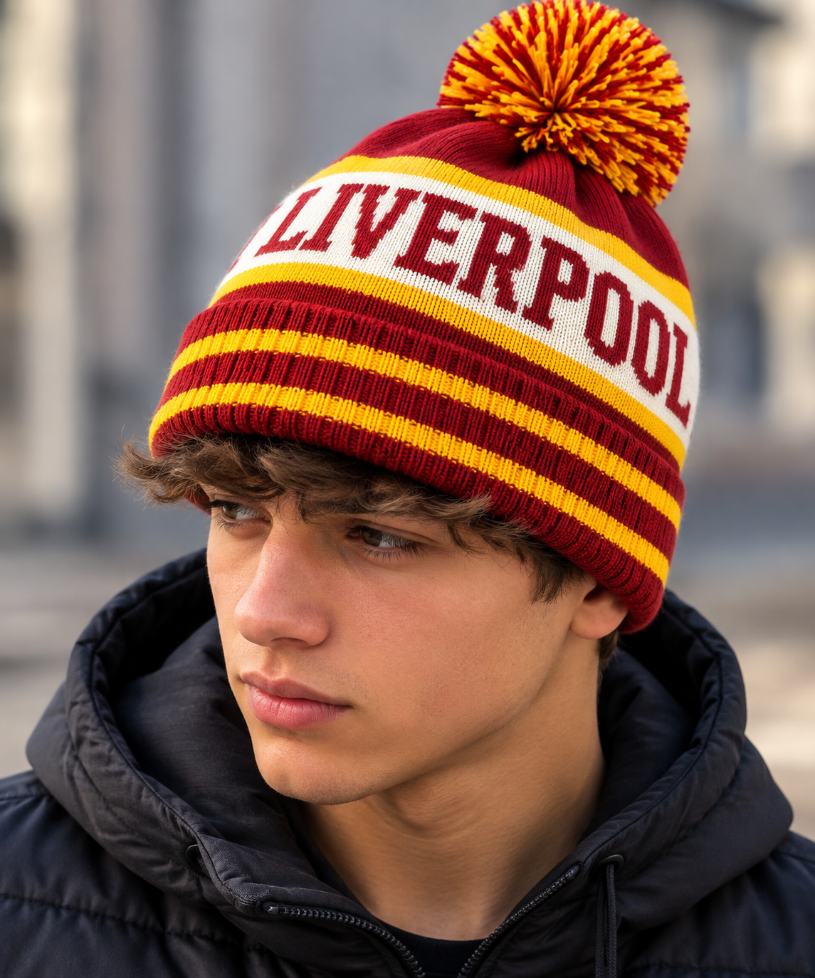 Liverpool-Inspired Red, Yellow & White Striped Bobble Hat