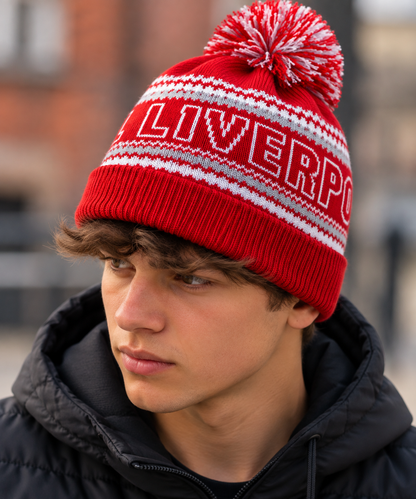 Liverpool-Inspired Classic Red & White Bobble Hat