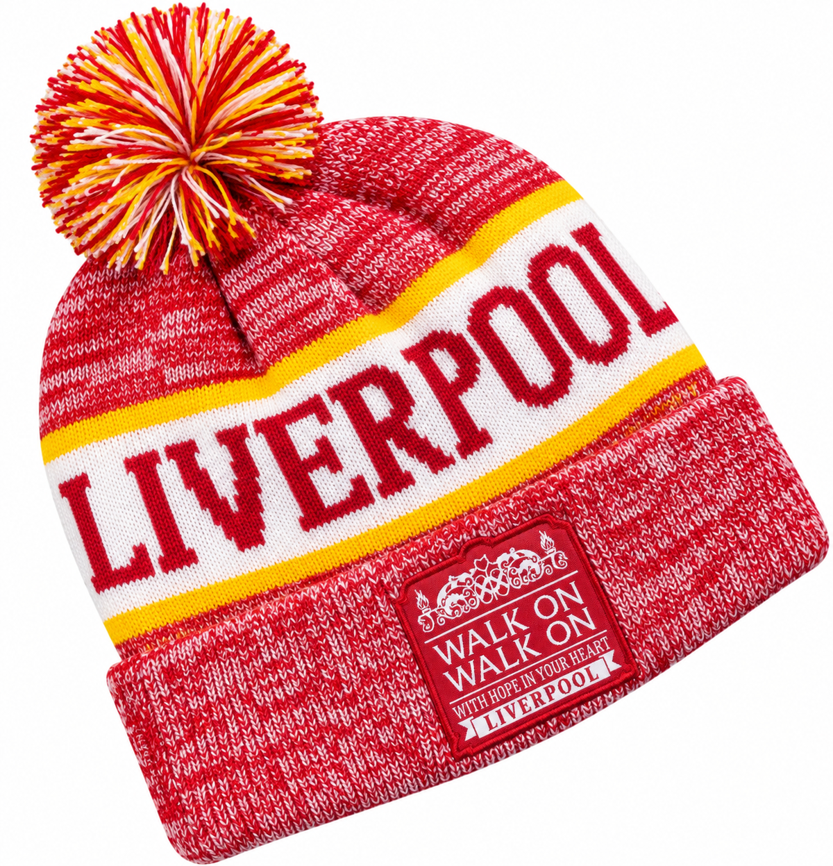 Liverpool-Inspired Red & Yellow “Walk On” Bobble Hat