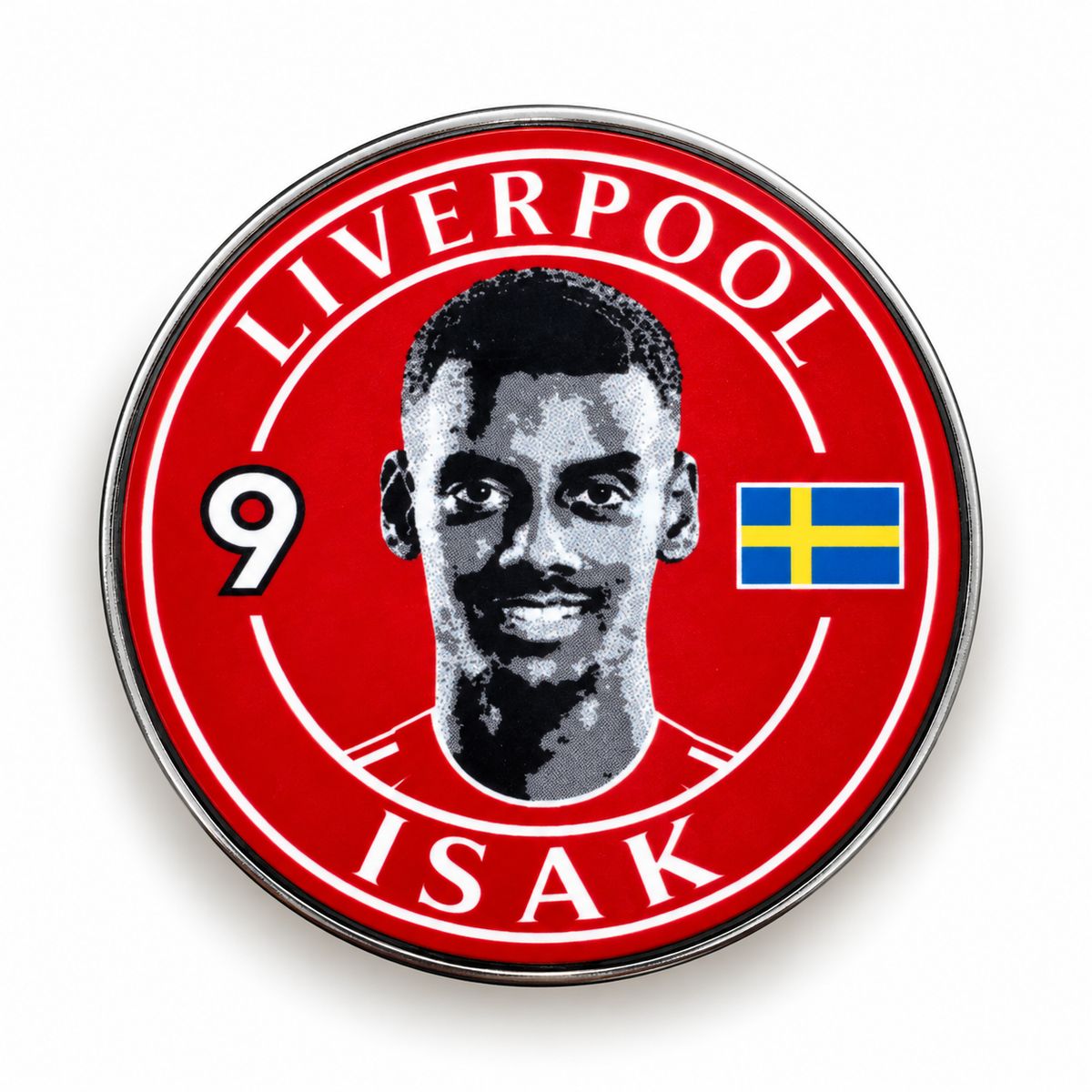 Alexander Isak No. 9 red Liverpool-inspired football magnet with Sweden flag
