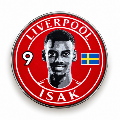 Alexander Isak No. 9 red Liverpool-inspired football magnet with Sweden flag
