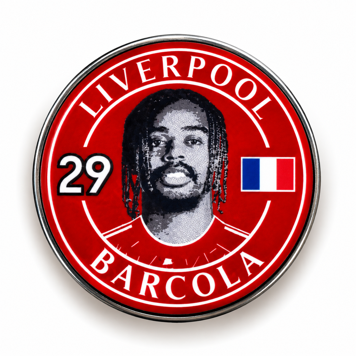 Bradley Barcola No. 29 red Liverpool-inspired concept football magnet with France flag