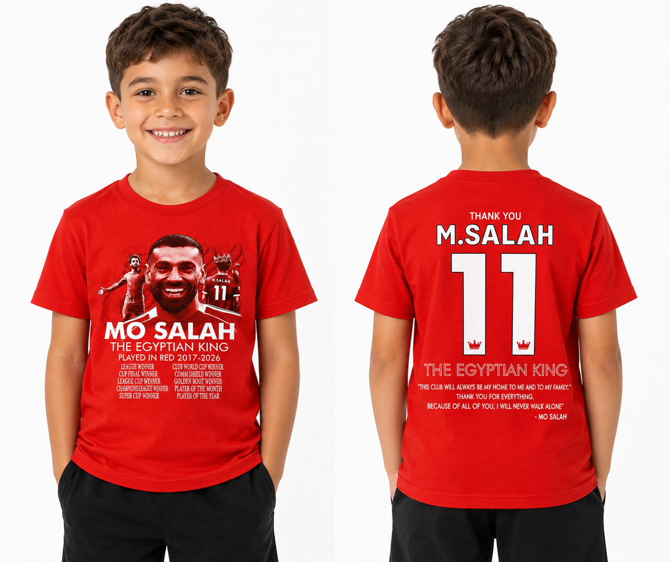 Mohamed Salah Liverpool Kids T-Shirt – “Thank You Mo Salah 11” Red Tribute Tee | Egyptian King LFC Farewell Shirt 2017–2026