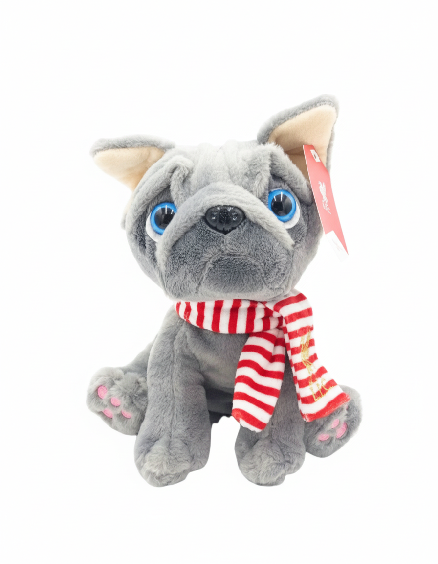 Liverpool FC Grey Plush Puppy Dog | Official LFC Soft Toy | Kids Hug Toy with Striped Scarf & Gold Liverbird