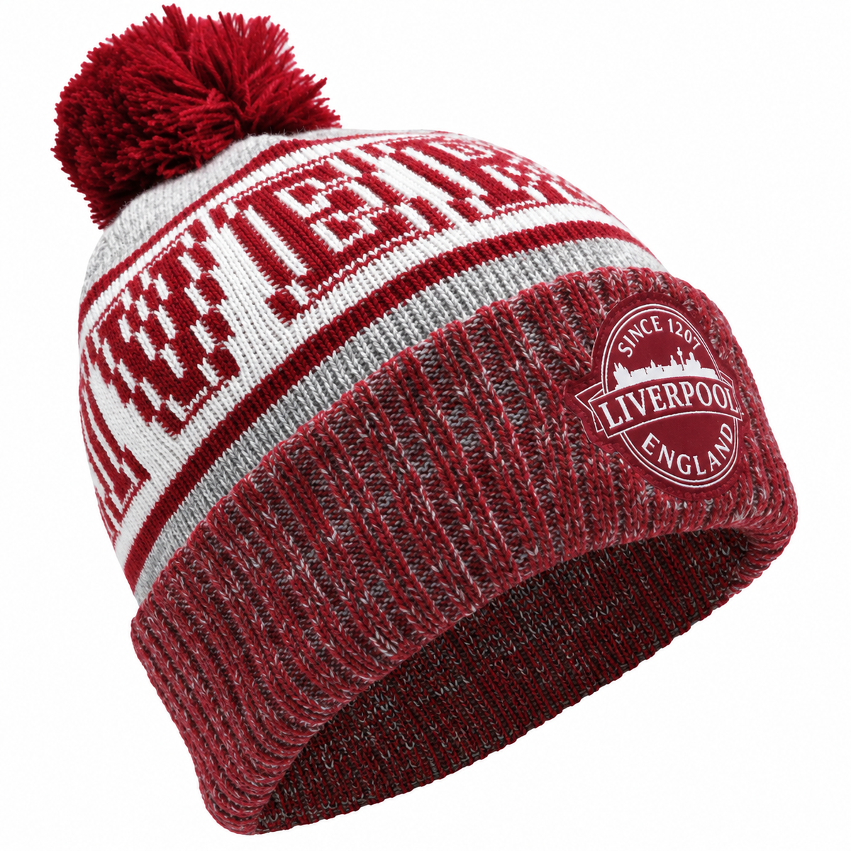 Liverpool England Since 1207 Bobble Hat – Burgundy, Grey & White | One Size