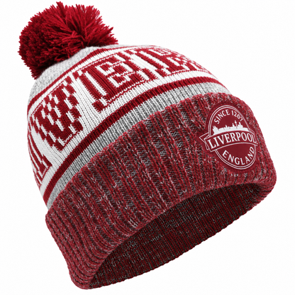 Liverpool England Since 1207 Bobble Hat – Burgundy, Grey & White | One Size