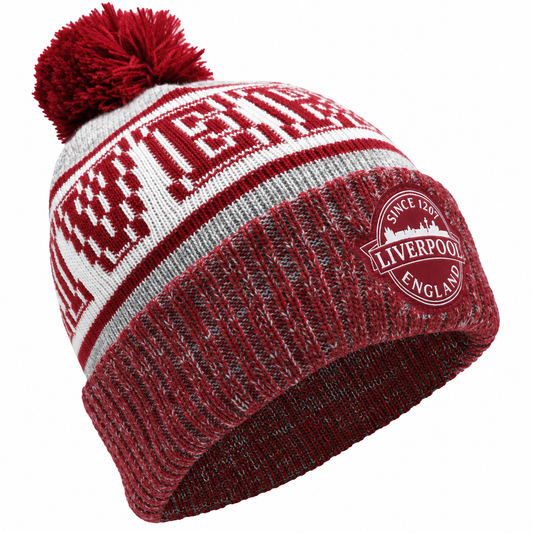 Liverpool England Since 1207 Bobble Hat – Burgundy, Grey & White | One Size