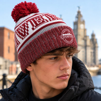 Liverpool England Since 1207 Bobble Hat – Burgundy, Grey & White | One Size