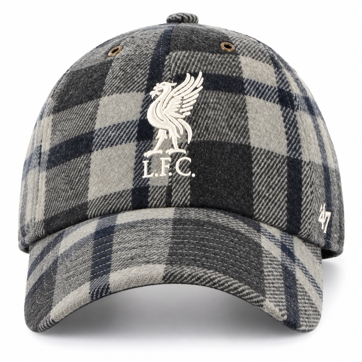 A structured baseball cap featuring a gray, black, and white plaid pattern, with a white embroidered Liverpool F.C.