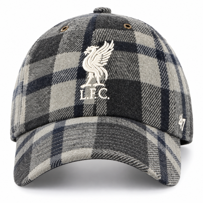 A structured baseball cap featuring a gray, black, and white plaid pattern, with a white embroidered Liverpool F.C.