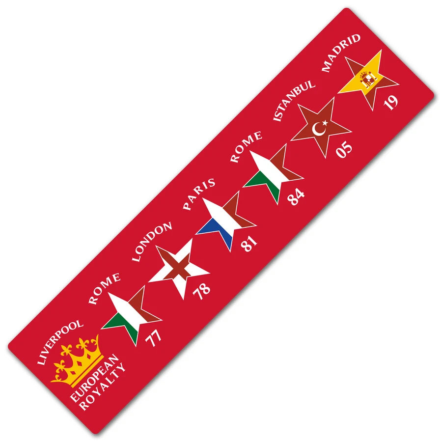 A red rectangular sticker or plaque featuring a diagonal sequence of European football club crests and star emblems, including Liverpool, Rome, London, Paris, Rome 1984, Istanbul, Madrid, and 1990, with white text and small multicolor details on a white background.