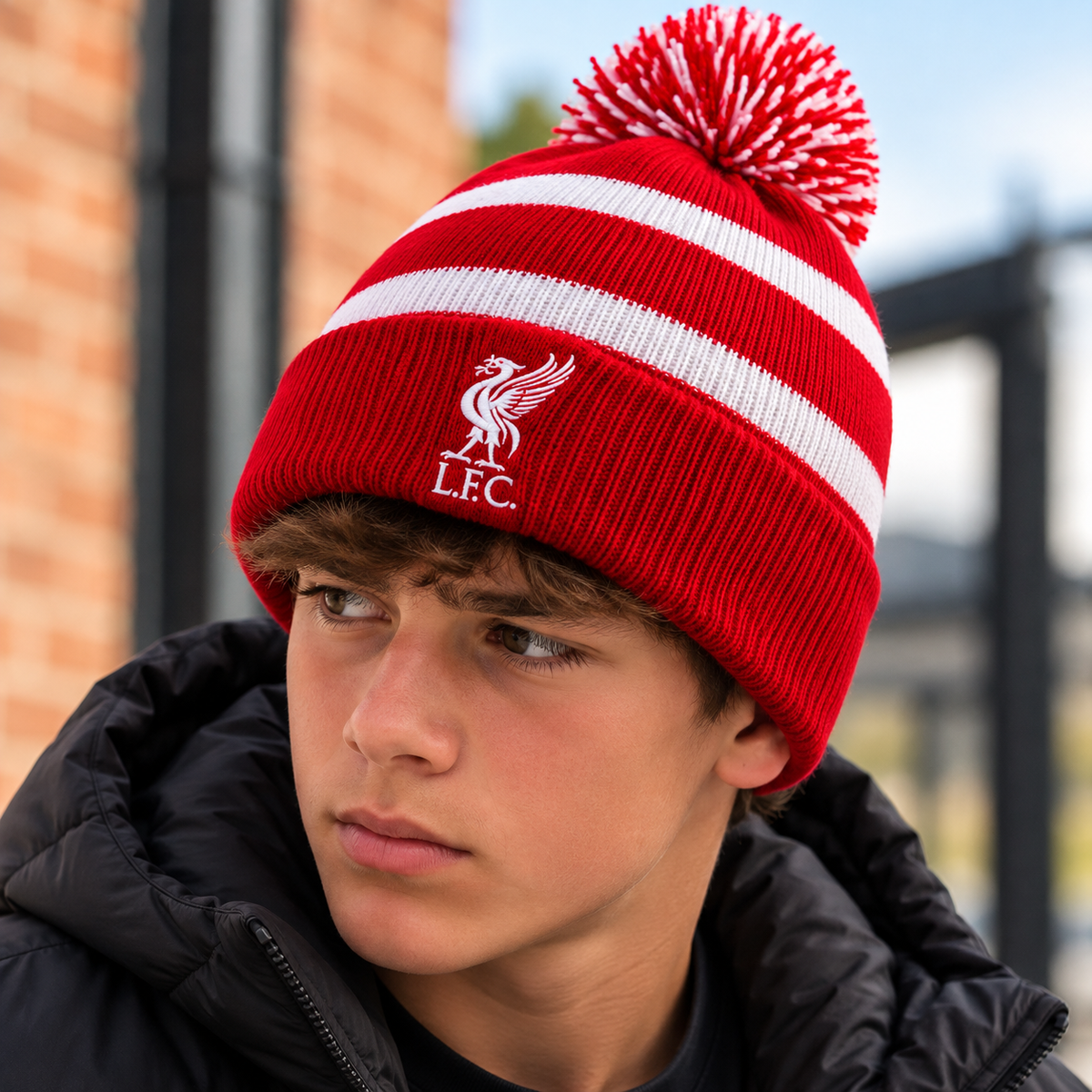 Official Liverpool FC ’47 Brand Youth Mass Breakaway Bobble Hat – Red & White