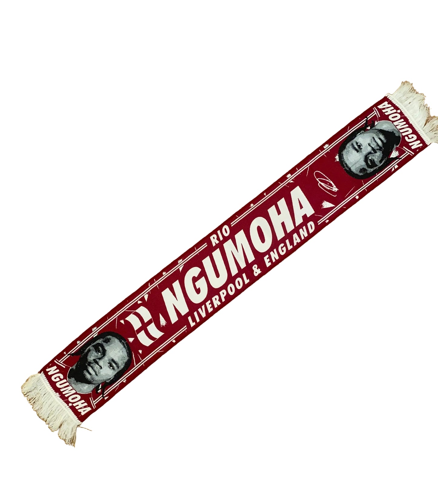 A red and white football scarf featuring the name 'R. NGUMOH A' and 'LIVERPOOL & ENGLAND' with player portraits, laid out diagonally on a wooden floor.