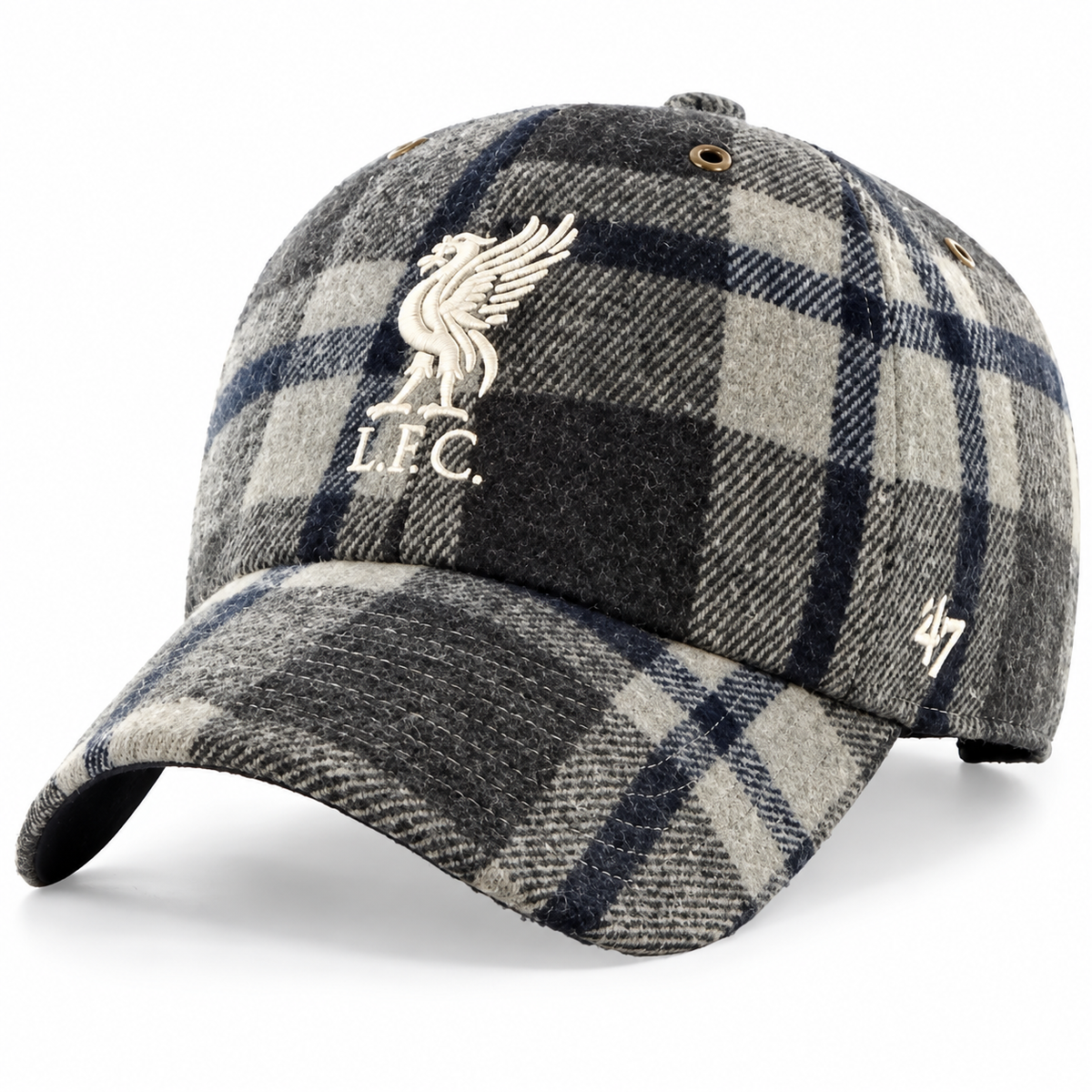 A structured baseball cap in a gray and navy blue plaid pattern, featuring an embroidered white Liverpool F.C.