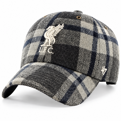 A structured baseball cap in a gray and navy blue plaid pattern, featuring an embroidered white Liverpool F.C.