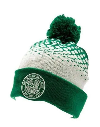 Celtic FC Green & White Fair Isle Bobble Beanie Hat with Crest