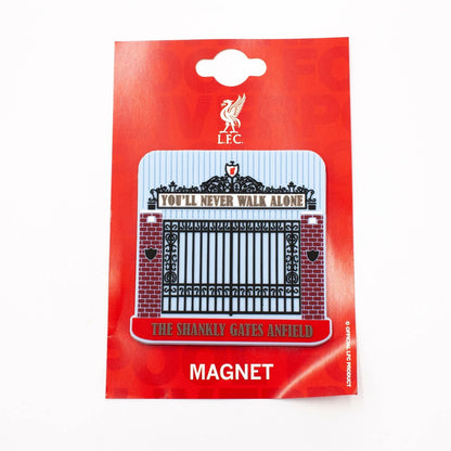 Liverpool FC Shanky Gates Anfield magnet on its original red blister card packaging, featuring the Liverpool crest and the text 'YOU'LL NEVER WALK ALONE' and 'THE SHANKY GATES ANFIELD'.