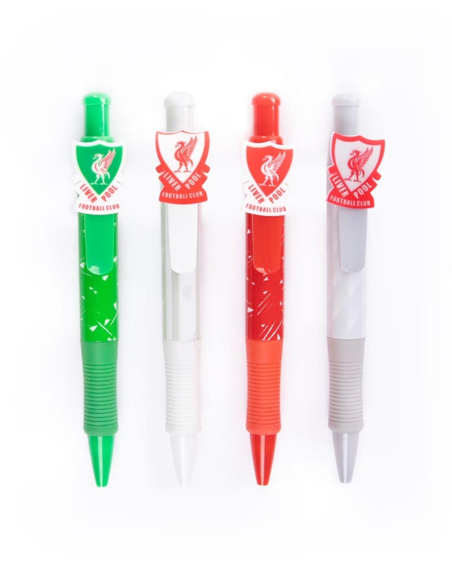Four Liverpool Football Club themed retractable pen pencils standing vertically on a white background. The pens feature the club's crest and name, with colorways in green, white, orange-red, and light gray.