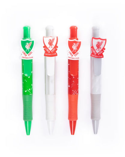 Four Liverpool Football Club themed retractable pen pencils standing vertically on a white background. The pens feature the club's crest and name, with colorways in green, white, orange-red, and light gray.