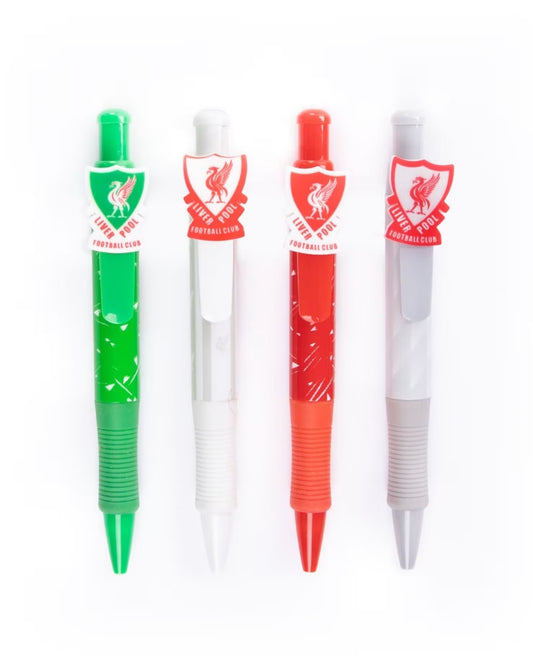 Four Liverpool Football Club themed retractable pen pencils standing vertically on a white background. The pens feature the club's crest and name, with colorways in green, white, orange-red, and light gray.