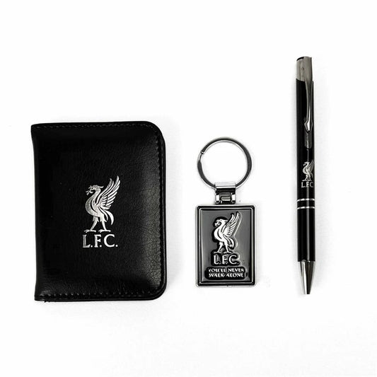 A black leather wallet, a black metal keychain with a silver-toned Liverbird emblem, and a black pen with silver accents, all featuring the Liverpool Football Club logo and text, arranged on a plain white background.