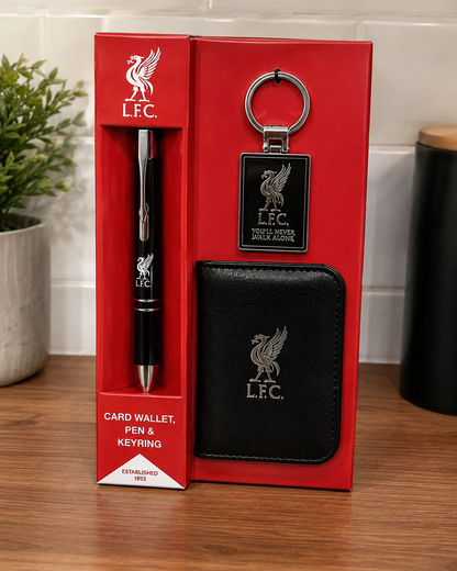 Liverpool FC gift set featuring a black pen, card wallet, and keyring with silver-toned metal hardware and white L.F.
